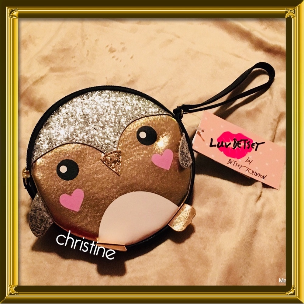 Betsey Johnson Metallic Gold & Silver Penguin Wristlet with Pink Heart Accents